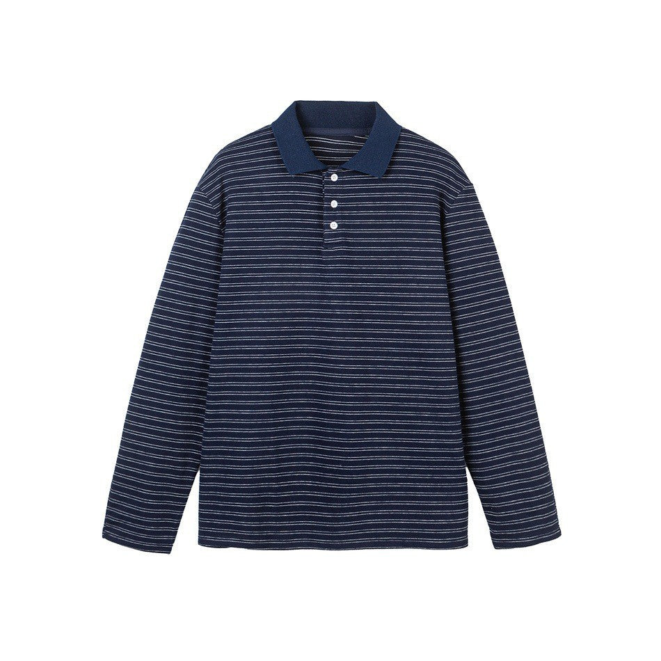 Men's Striped Long Sleeve Polo Shirt Loose Casual Turn-Down Collar