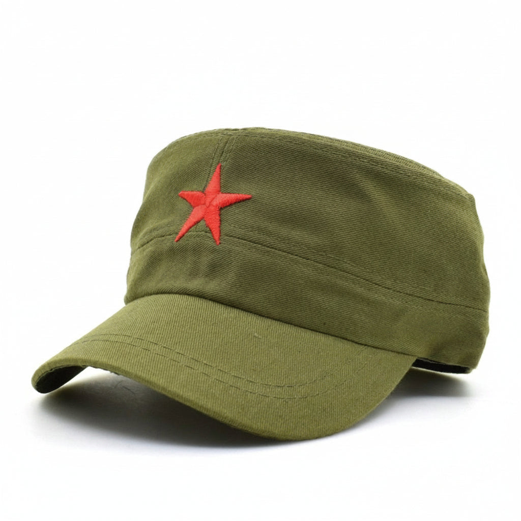 Men's Red Star Embroidered Military Flat Top Cadet Cap