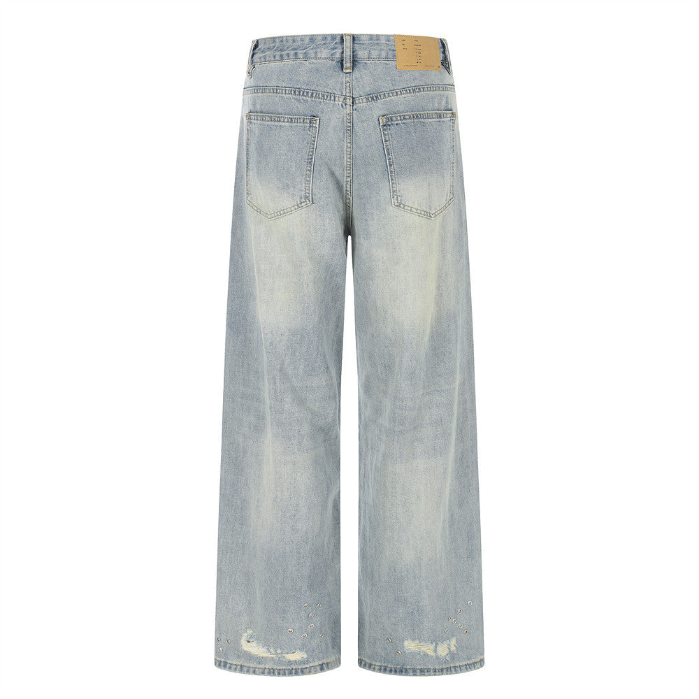 Men's Distressed Wide-Leg Straight Loose Denim Jeans
