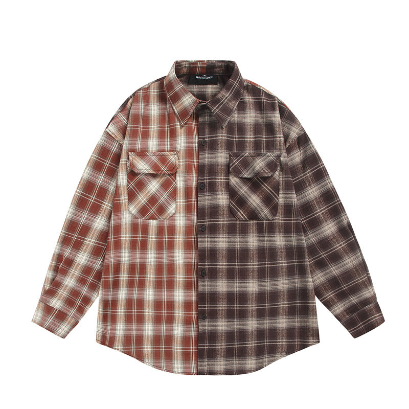 Men's Plaid Color-Block Long Sleeve Button-Down Shirt