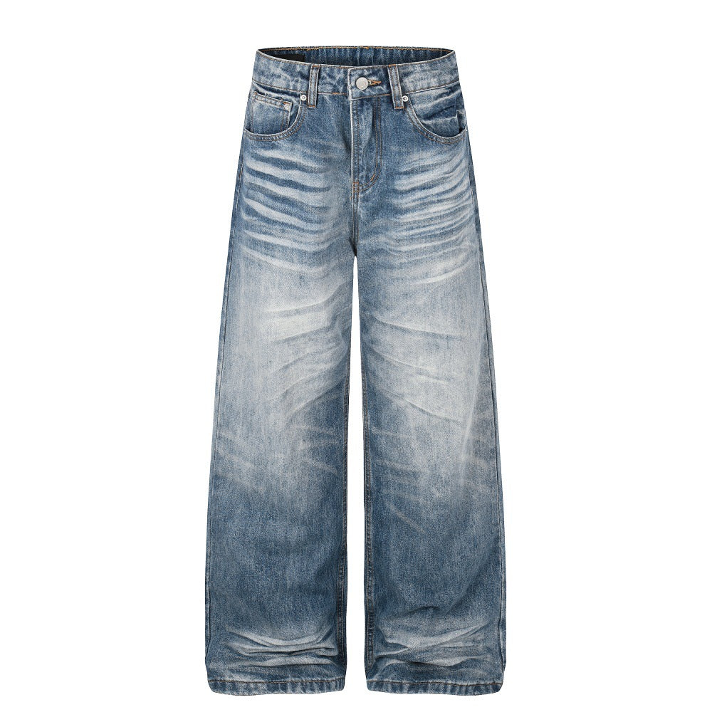 Men's Washed Wide-Leg Straight Loose Fit Denim Jeans
