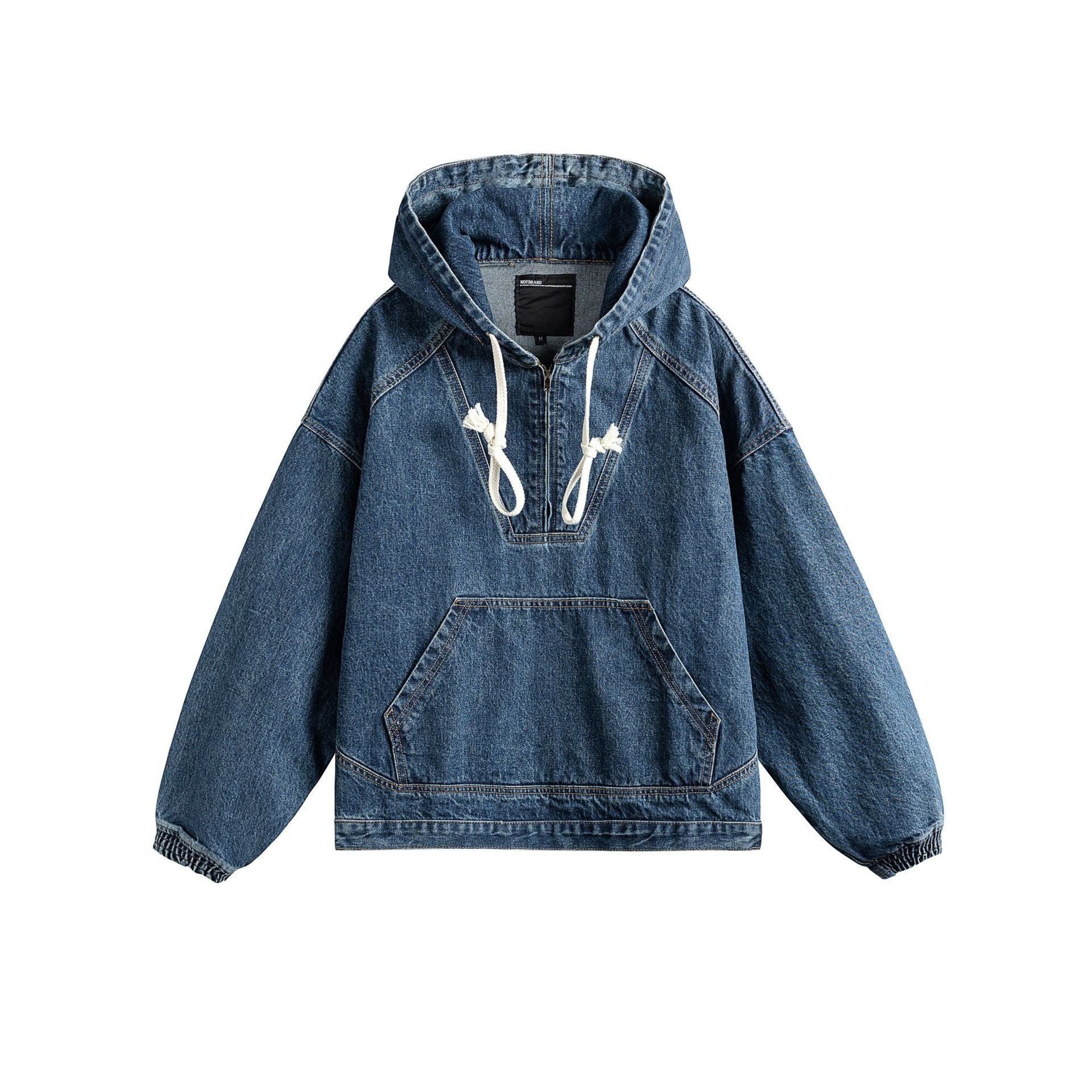 Men's Half-Zip Hooded Denim Jacket Loose Casual Pullover