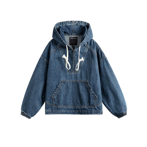 Men's Half-Zip Hooded Denim Jacket Loose Casual Pullover