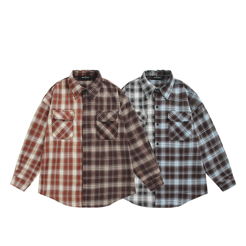 Men's Plaid Color-Block Long Sleeve Button-Down Shirt