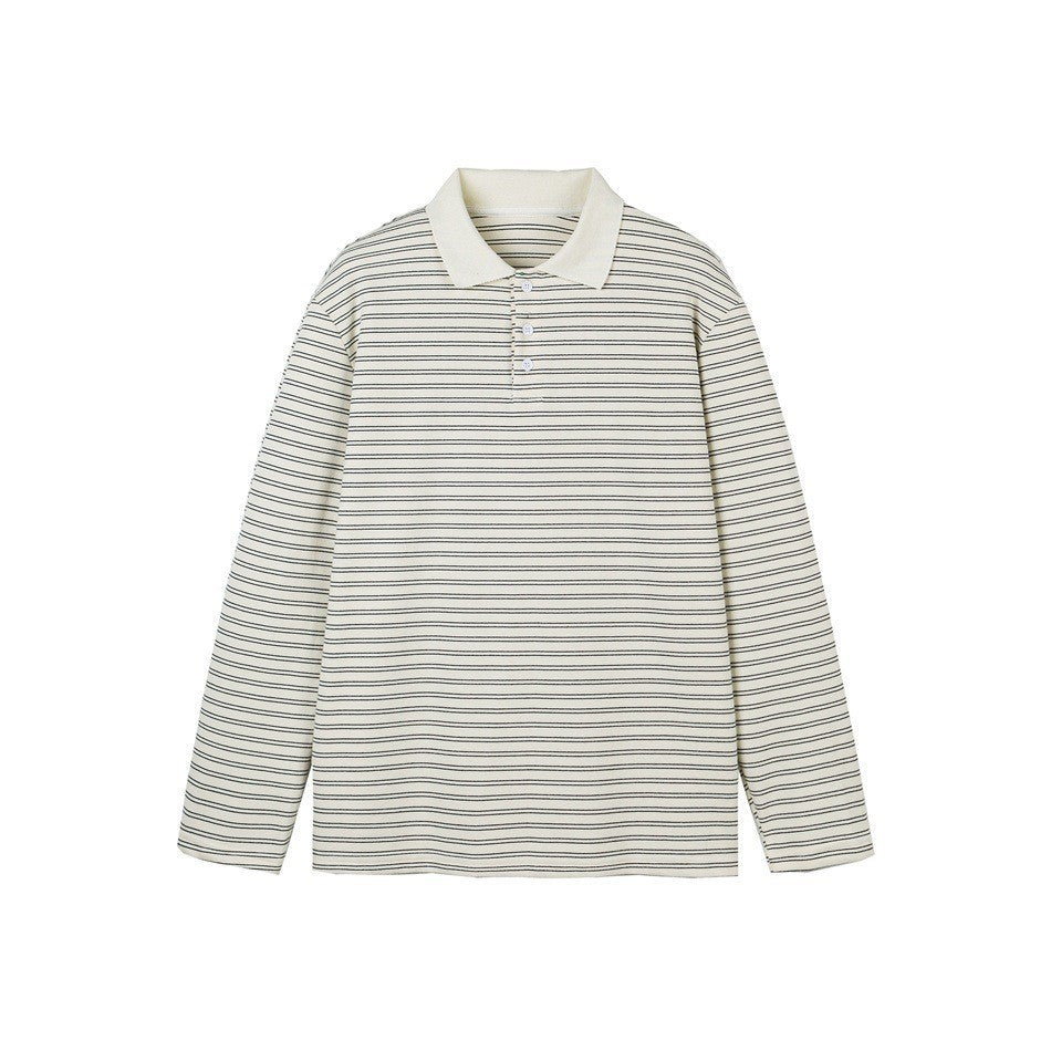 Men's Striped Long Sleeve Polo Shirt Loose Casual Turn-Down Collar