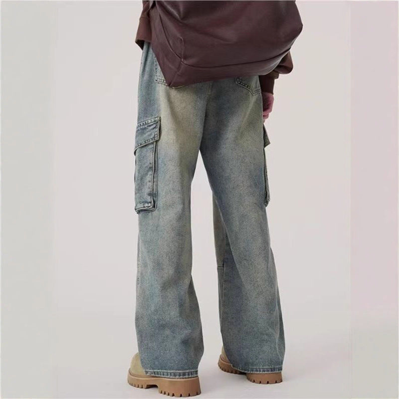 Men's Vintage Cargo Wide-Leg Straight Denim Jeans