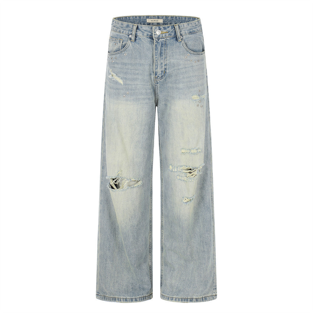 Men's Distressed Wide-Leg Straight Loose Denim Jeans