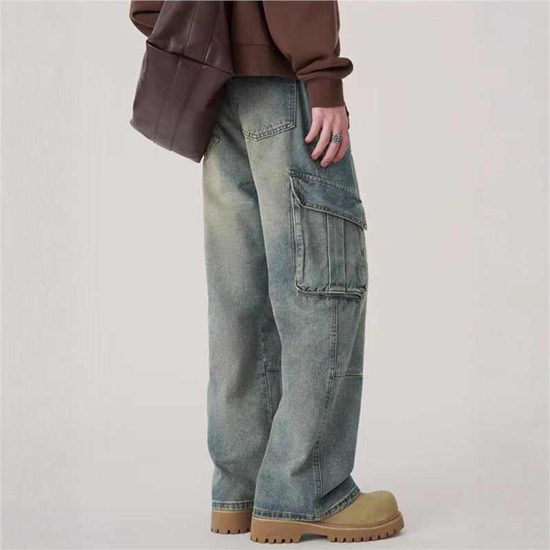 Men's Vintage Cargo Wide-Leg Straight Denim Jeans