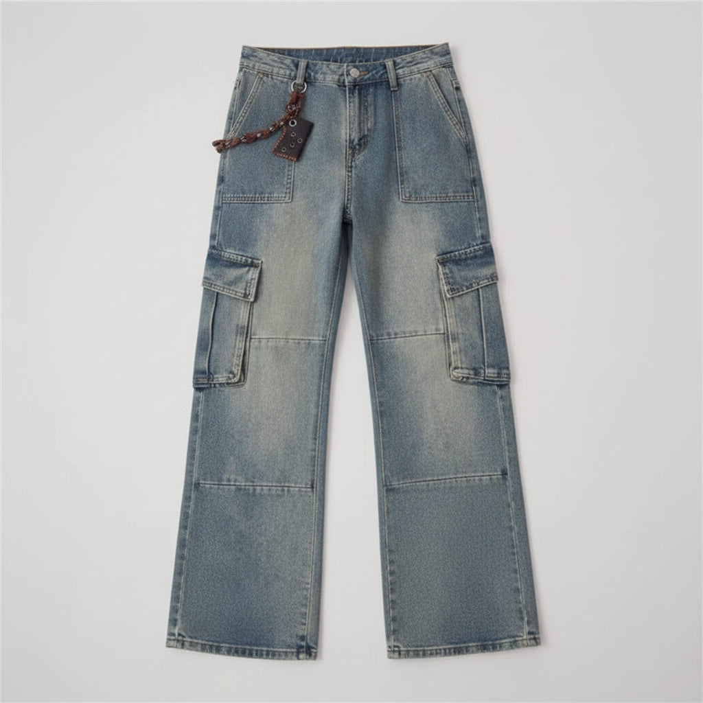 Men's Vintage Cargo Wide-Leg Straight Denim Jeans