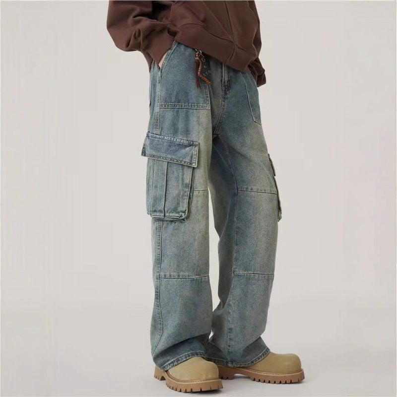 Men's Vintage Cargo Wide-Leg Straight Denim Jeans