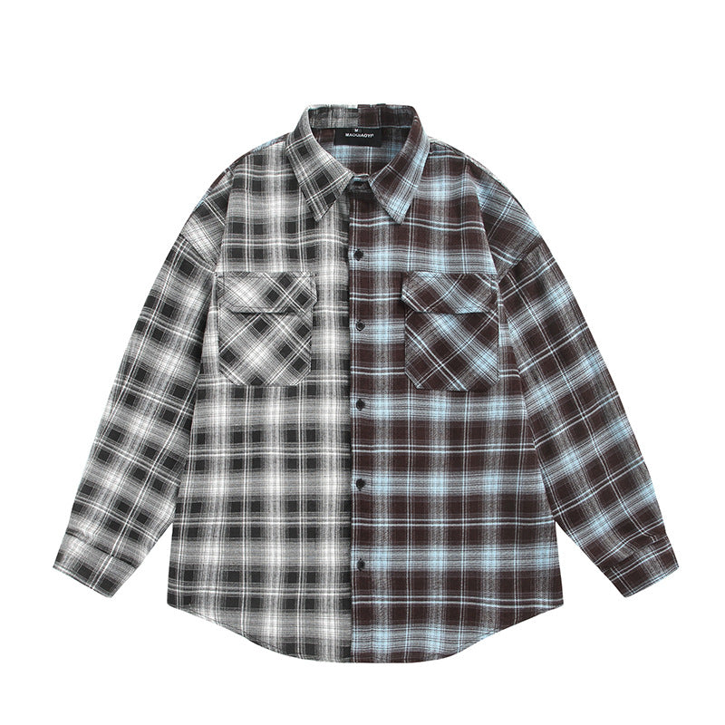 Men's Plaid Color-Block Long Sleeve Button-Down Shirt