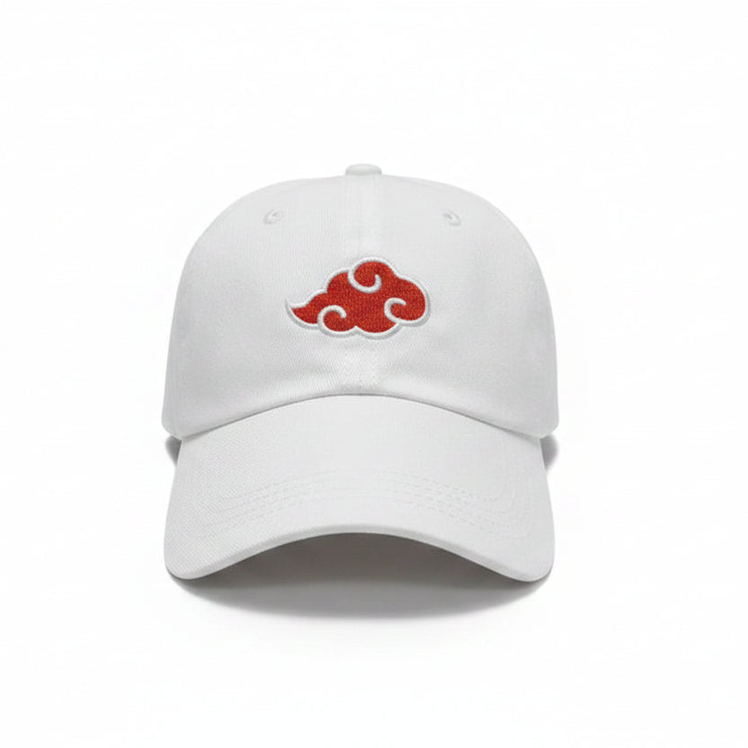 White cap with red cloud design on a white background