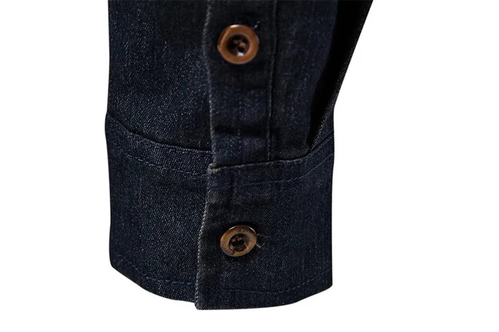 Close-up of a dark denim jacket with brown buttons on a white background