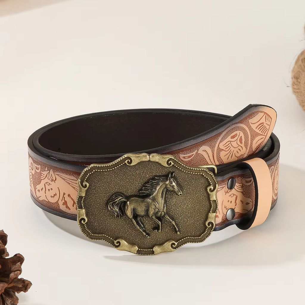 PU Leather Embossed Belt with Horse Buckle