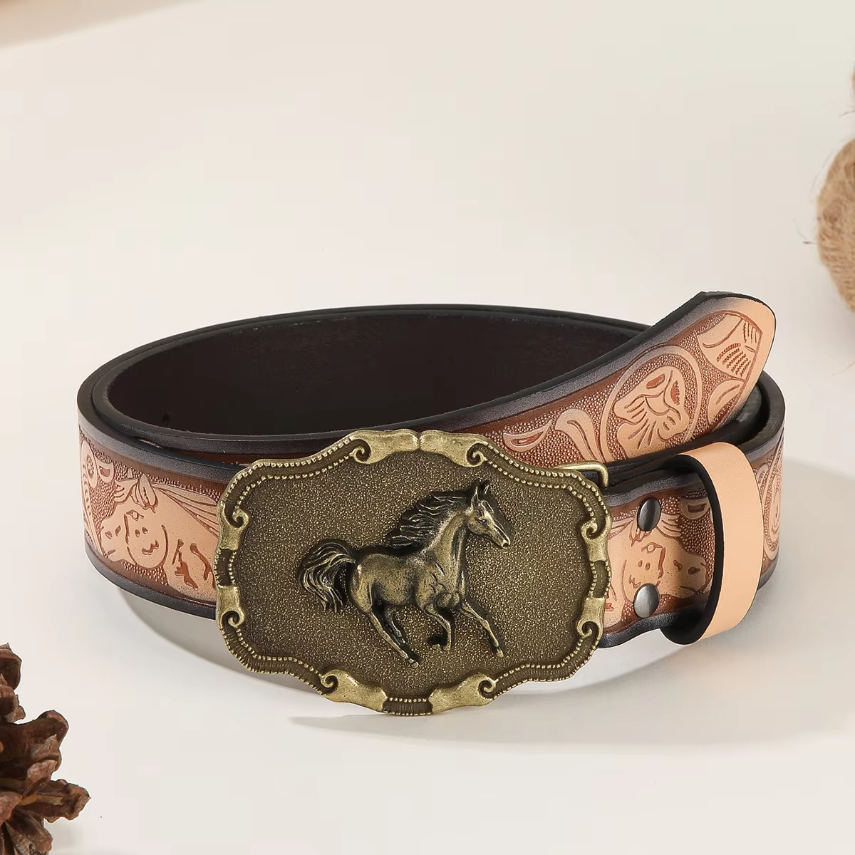 PU Leather Embossed Belt with Horse Buckle