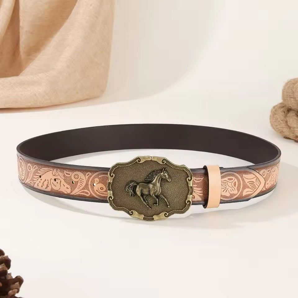 PU Leather Embossed Belt with Horse Buckle