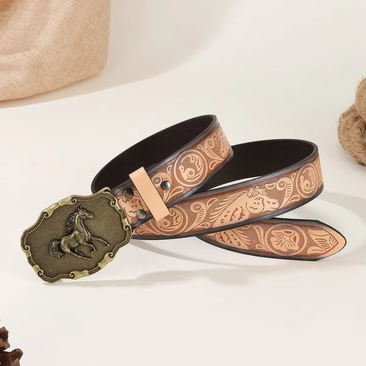 PU Leather Embossed Belt with Horse Buckle